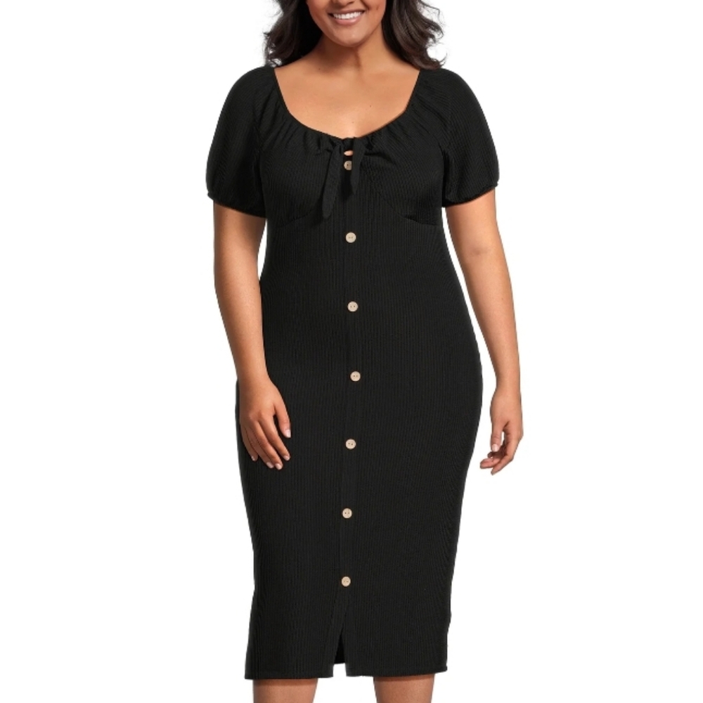 Womens Knit Wiggle Midi Dress Black  Buttons Short Sleeve Size 11-13